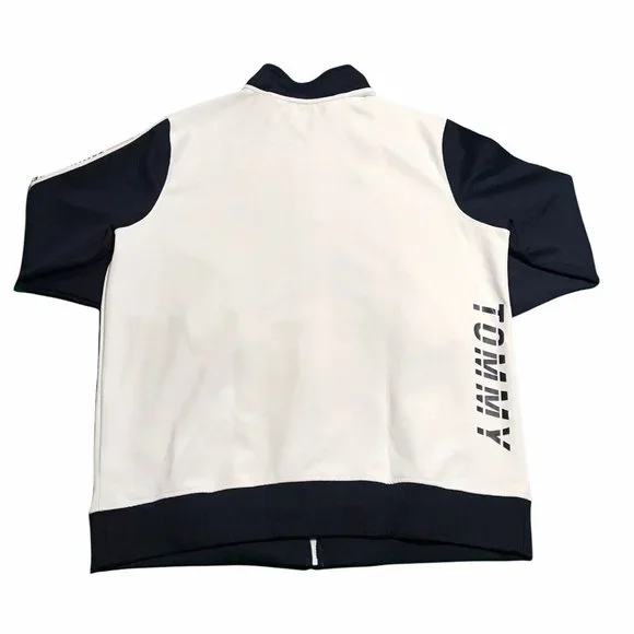 Tommy Hilfiger Mens Full Zip Mock Neck Sweater Size L Tall White Navy Stretch Zip Up